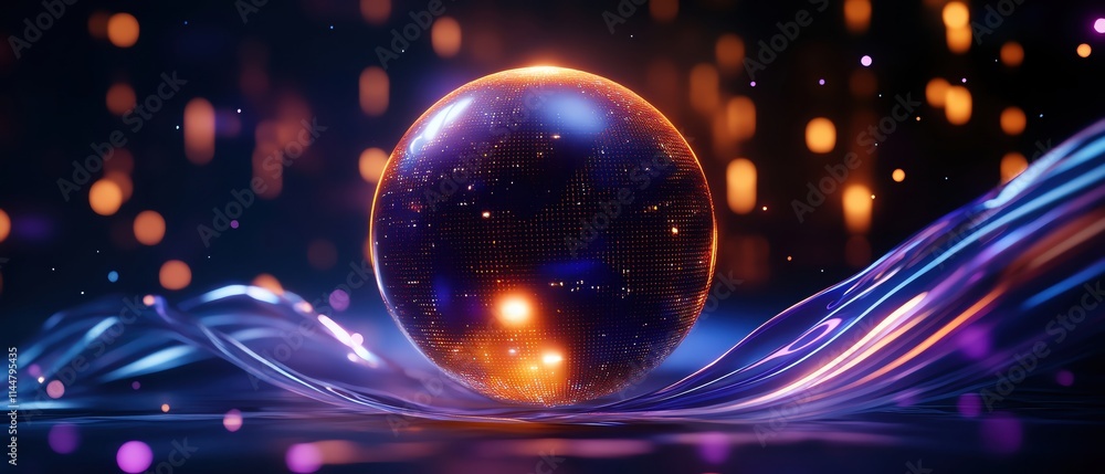 Poster a glowing orb resting on a vibrant wave of color, creating an enchanting visual effect.