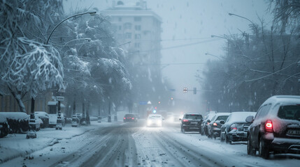 Snow covered city street during a heavy snowfall. Lots of snow on the sidewalk, cars and big snowdrifts. the city road in snow storm blizzard, bad cold weather and hard drawing conditions34