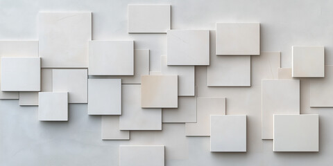 A creative assemblage of white squares laid on a wall in various sizes provides a modern geometric and abstract feel suitable for contemporary design themes.