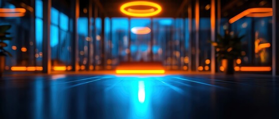 Fototapeta premium A modern interior space illuminated by vibrant blue and orange lighting.