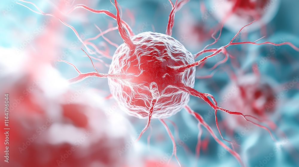 Poster detailed medical illustration of neuron cell, showcasing its intricate structure and connections. vi