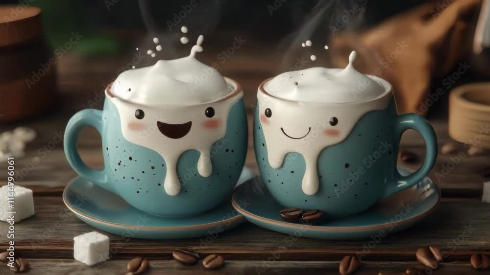 Poster two cute coffee cups with smiling faces and overflowing foam create a warm and inviting scene. perfe