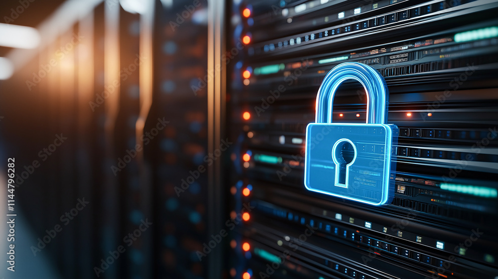Poster digital security concept with glowing padlock symbol on server rack, representing data protection an