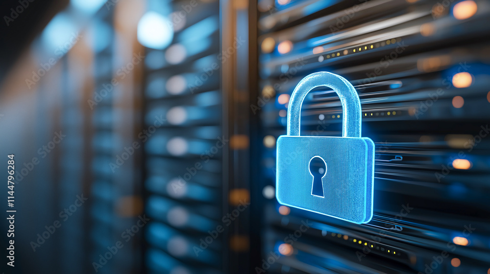 Poster digital padlock symbolizing security data center environment, representing importance of data protec