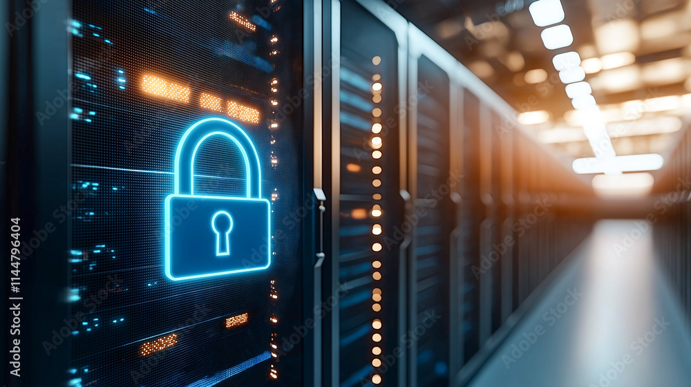 Poster digital security concept with glowing padlock symbol in server room