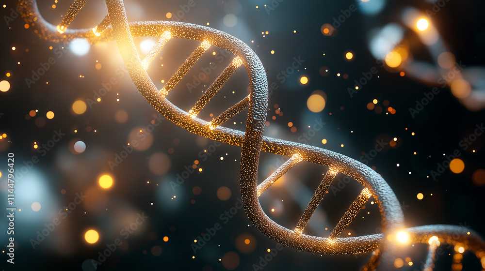 Poster stunning double helix dna structure illuminated with glowing particles, showcasing intricate details