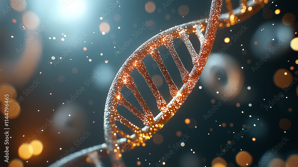 Poster stunning double helix dna structure illuminated with sparkling particles, showcasing beauty of genet