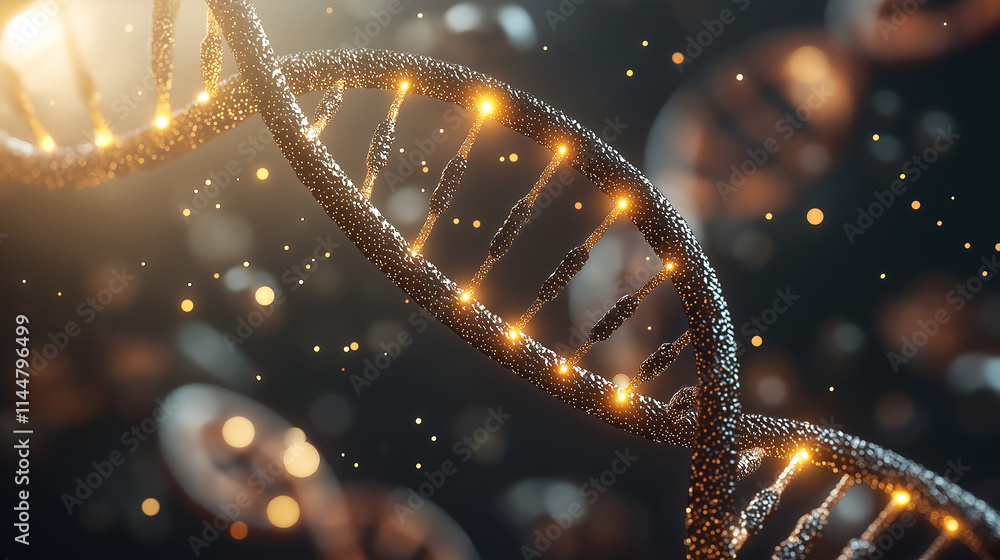 Poster stunning double helix dna structure illuminated with glowing particles, showcasing intricate details