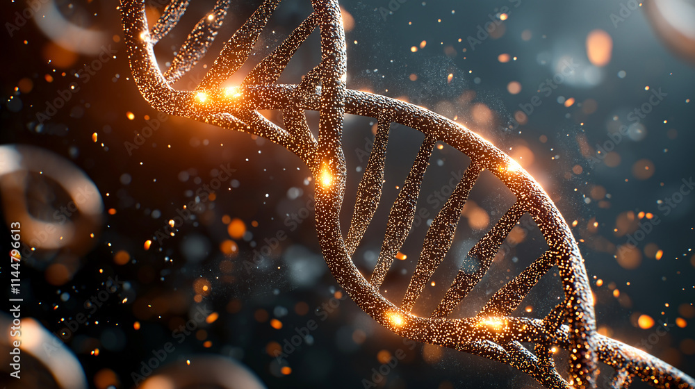 Poster stunning double helix dna structure illuminated with glowing particles, showcasing intricate beauty 