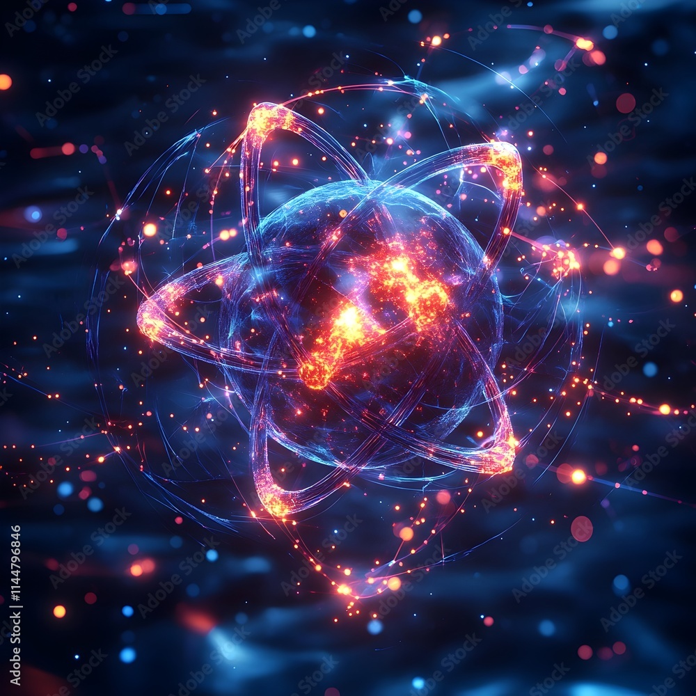Poster 3d model of a technetium atom emphasizing its unique electron shell arrangement and medical imaging 