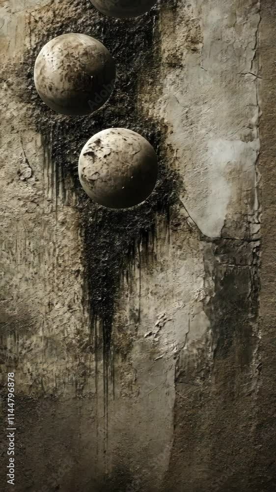 Poster interesting textures and patterns are created by spheres positioned on a weathered wall