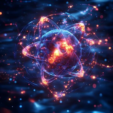 3D model of a technetium atom emphasizing its unique electron shell arrangement and medical imaging applications presented in a glowing cyan and magenta color palette