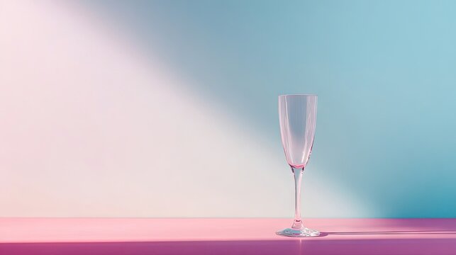 A glass flute sits elegantly on a pink table top, complemented by a softly blurred light blue background, creating an ideal atmosphere for a VIP or premium setting with ample copy space.