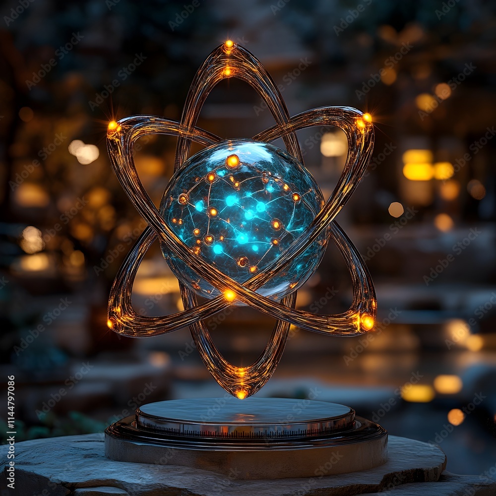 Poster 3d model of a technetium atom showcasing its unique electron shell arrangement and highlighting its 