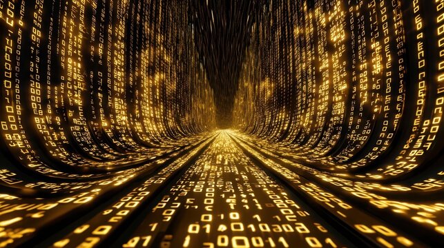 An abstract pathway of glowing binary numbers leading into an illuminated digital tunnel.