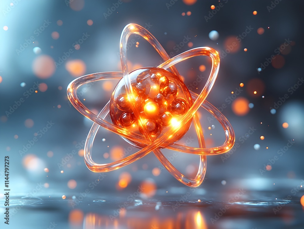 Poster highly detailed and scientifically accurate 3d model of a technetium atom focusing on its intricate 
