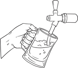Beer Tap with Hand Pouring Draft Beer into a Glass - Line Art Vector Illustration.