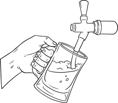 hand pouring beer into glass, black and white clip art preview