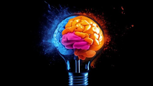 A lightbulb explodes with a colorful, split brain inside. Represents creativity, ideas, and the power of the mind. Suitable for education, psychology, or marketing.. AI Generation
