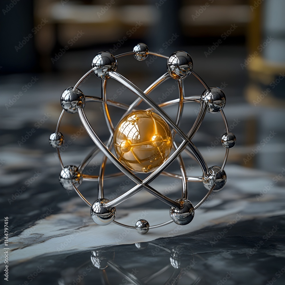 Poster detailed 3d model of a technetium atom showcasing its electron shell structure and its pivotal role 