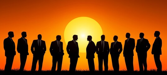 Silhouetted Businessmen Stand Against a Vivid Sunset, Symbolizing Teamwork and Success.