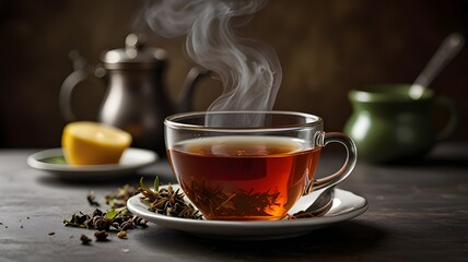 A steaming cup of herbal tea with loose tea leaves and a strainer on the side