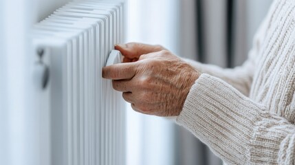 Close-up view of a hand turning the riser on a mini oil-filled electric heater beside a window with an outdoor view