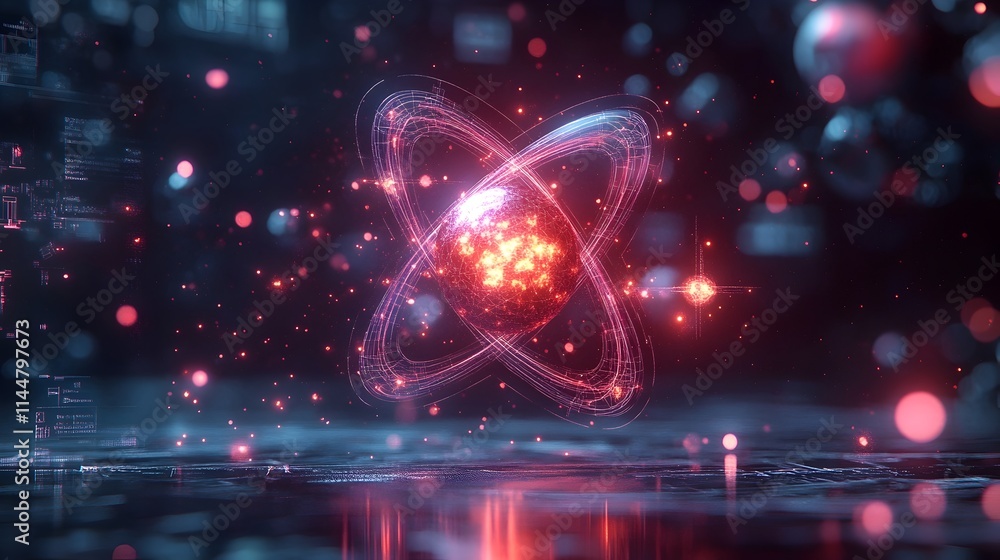 Poster detailed 3d model of a technetium atom revealing its electron shells and orbital patterns with vivid