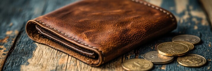 A vintage leather wallet rests on a rustic wooden surface, accompanied by scattered coins, evoking a sense of nostalgia and craftsmanship.