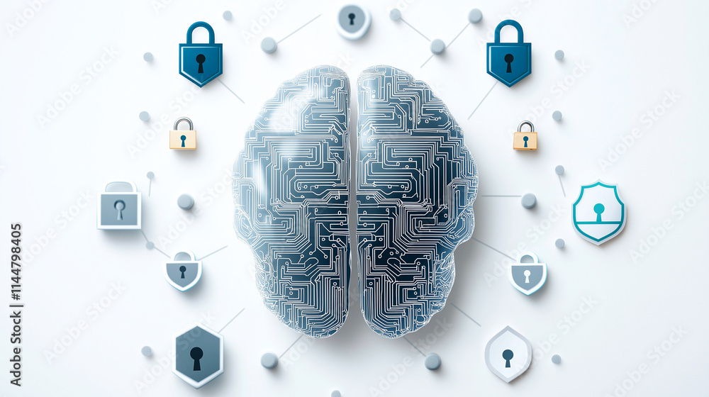 Poster digital brain with circuit patterns surrounded by security icons symbolizes fusion of technology and
