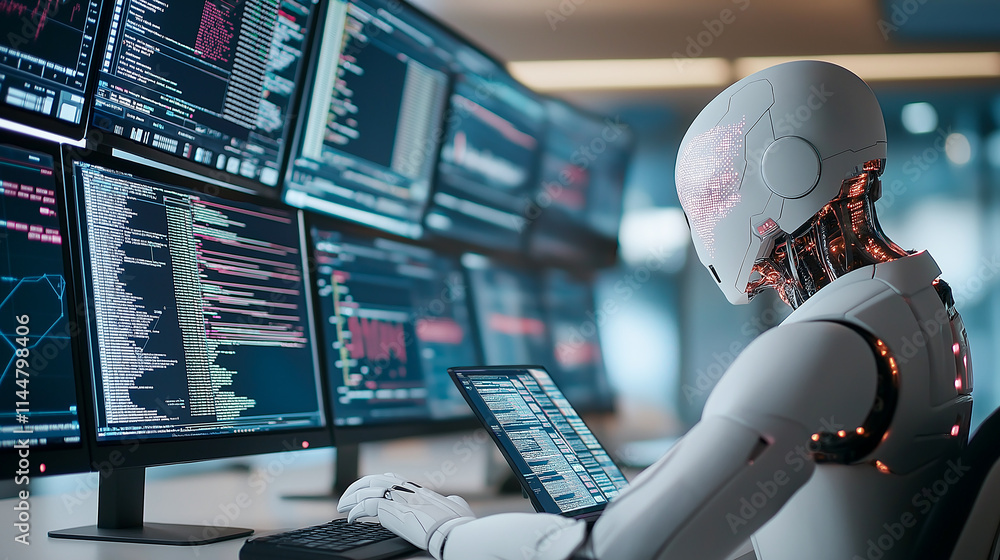 Poster cybernetic figure analyzing data on multiple screens, showcasing advanced technology and artificial 