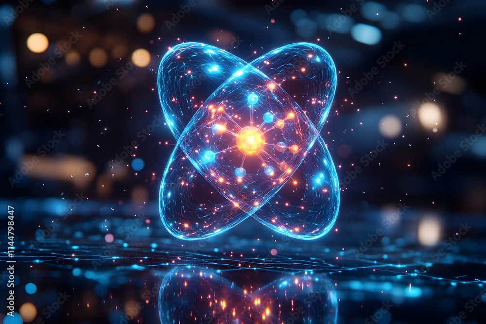 Poster 3d model of a technetium atom emphasizing its unique electron shell arrangement and medical imaging 