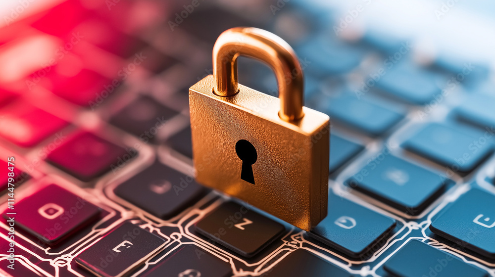 Poster golden padlock rests on keyboard, symbolizing digital security and protection. this conveys importan