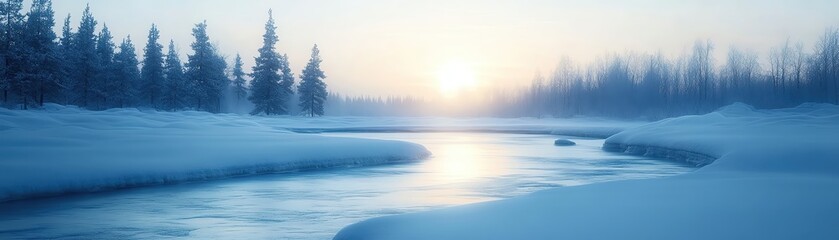 Fototapeta premium A tranquil winter scene showcasing a river surrounded by snow-covered trees.