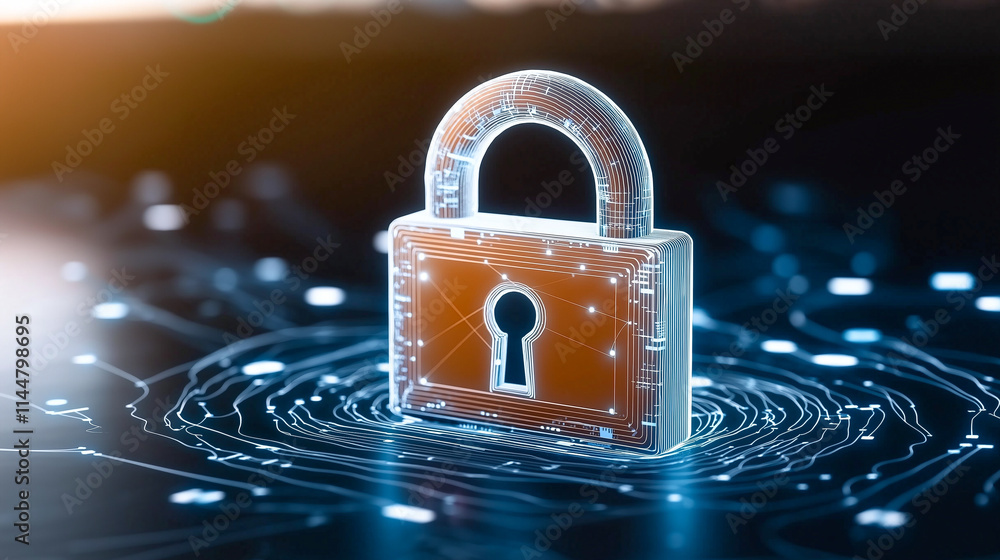 Poster digital padlock with glowing design, surrounded by swirling data patterns, symbolizes security and t