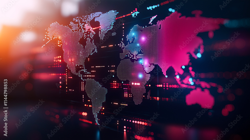 Poster digital world map illuminated with vibrant colors, showcasing interconnected data points and modern 