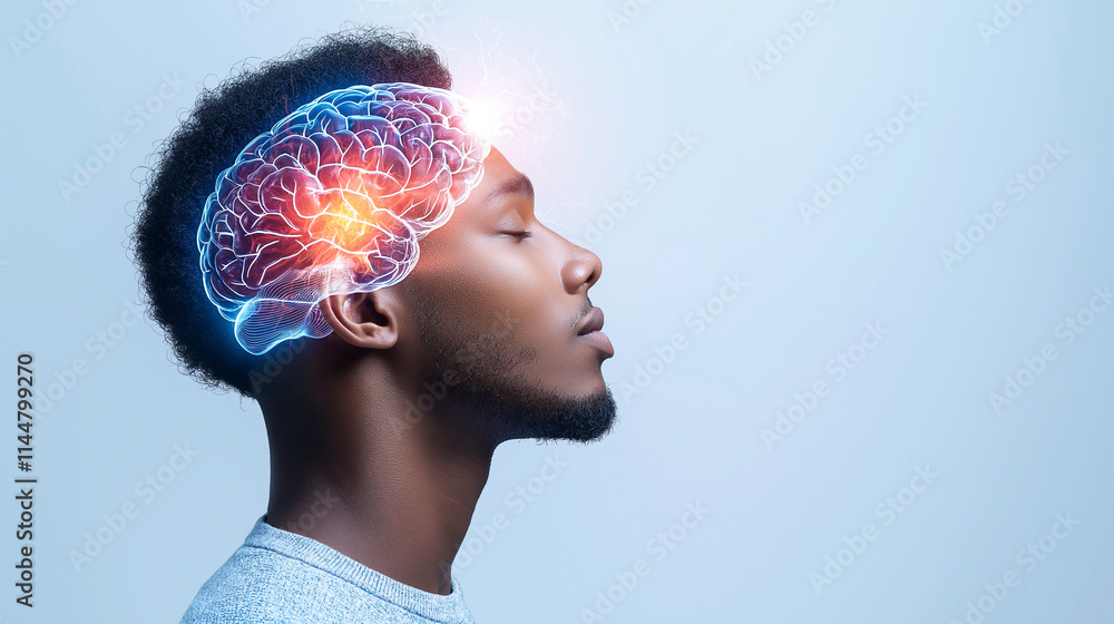 Poster innovative concept of man with glowing brain, symbolizing intelligence and creativity. image capture