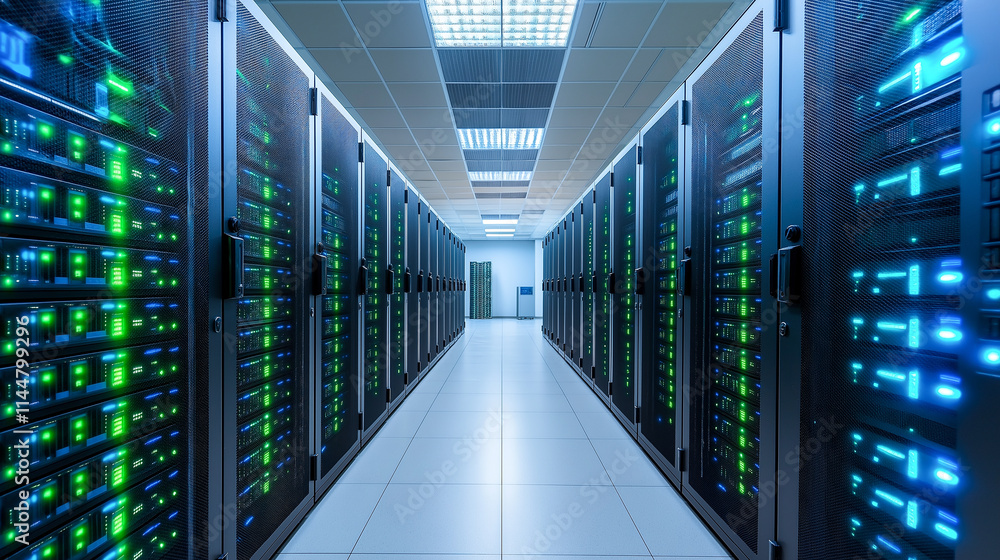 Poster futuristic server room filled with advanced technology, featuring rows of illuminated servers with b