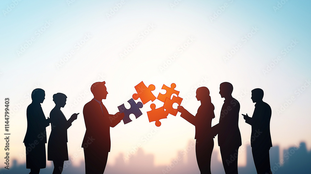 Poster group of business people collaborating and holding puzzle pieces, symbolizing teamwork and problem s