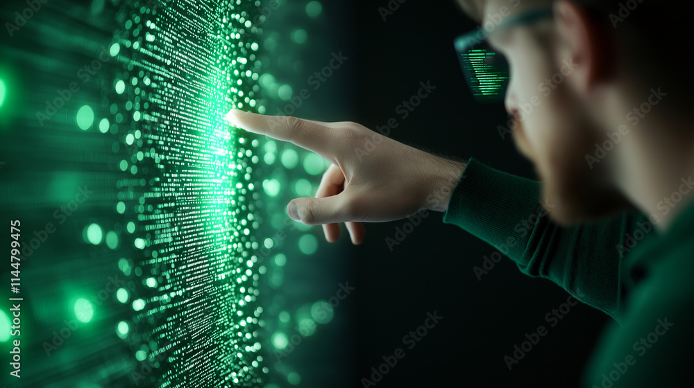 Poster person interacting with digital interface displaying green data streams, showcasing technology and i