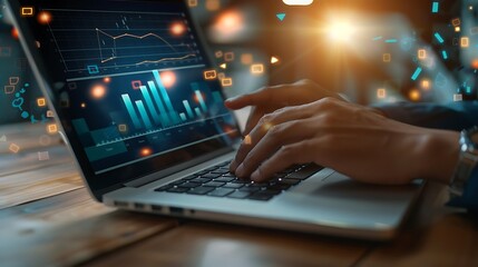 Businessman analyzing financial data on laptop, illuminated by digital charts and graphs, showcasing data analysis and market trends.