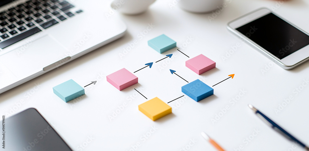 Poster colorful flowchart with sticky notes on workspace, showcasing creative process. arrangement includes