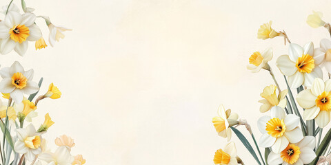 This image features vibrant daffodils artfully arranged on both sides of a soft, creamy background, capturing the essence of spring and renewal in nature's beauty.