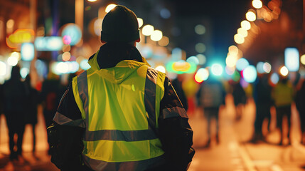 Back view of traffic police officer man patrol night city street. crowd event inspection anti-vandalism protection. Cop walk urban night road Behind Patrolling 911 inspector keep law order.
