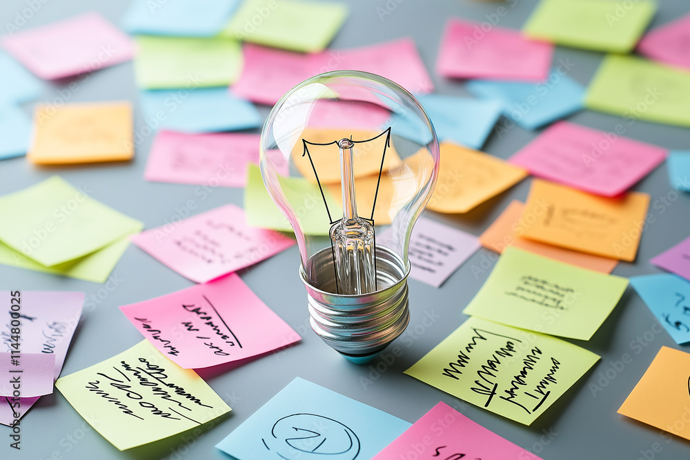 Poster light bulb placed in metal socket surrounded by colorful sticky notes filled with handwritten ideas 