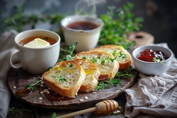 Delicious toasted bread with herbs, served with tea and honey for a cozy breakfast experience.