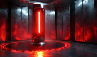Red-lit chamber; metallic walls; glowing cylindrical object.