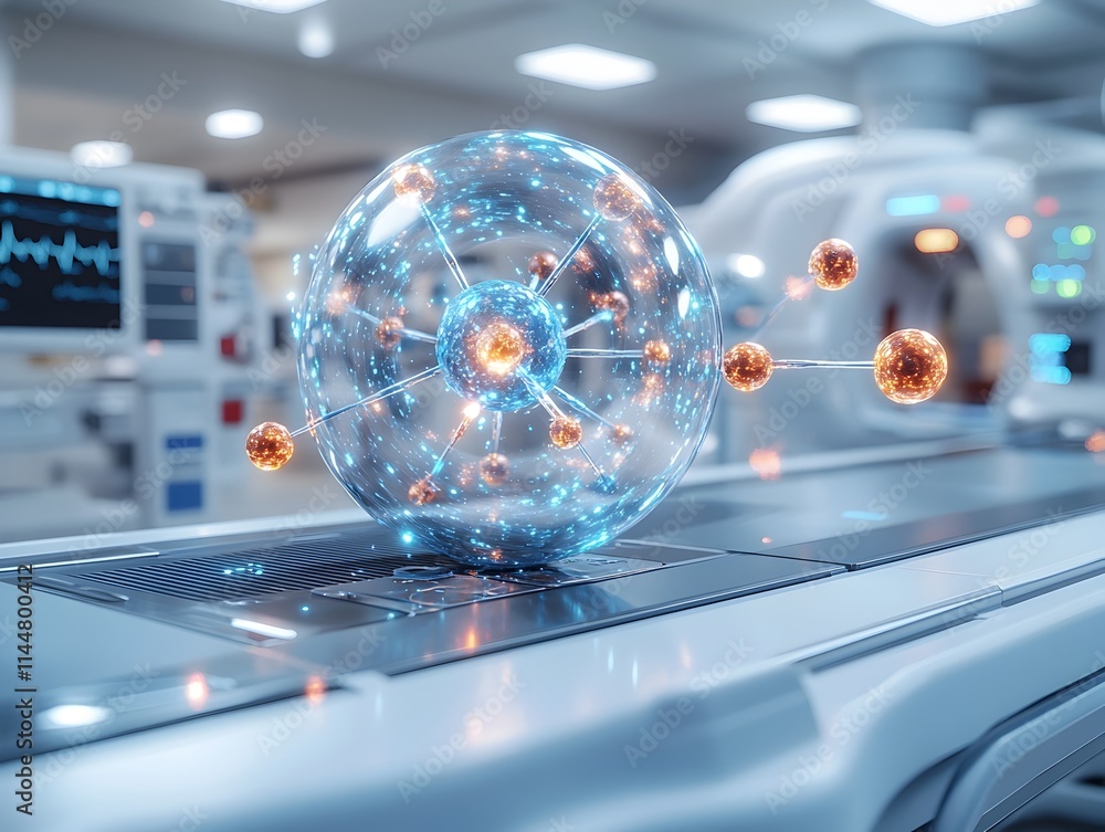 Poster detailed 3d representation of a technetium atom showcasing its electron structure and applications i
