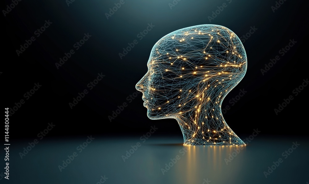 Poster digital head silhouette showcasing glowing lines and nodes representing advanced technology and arti