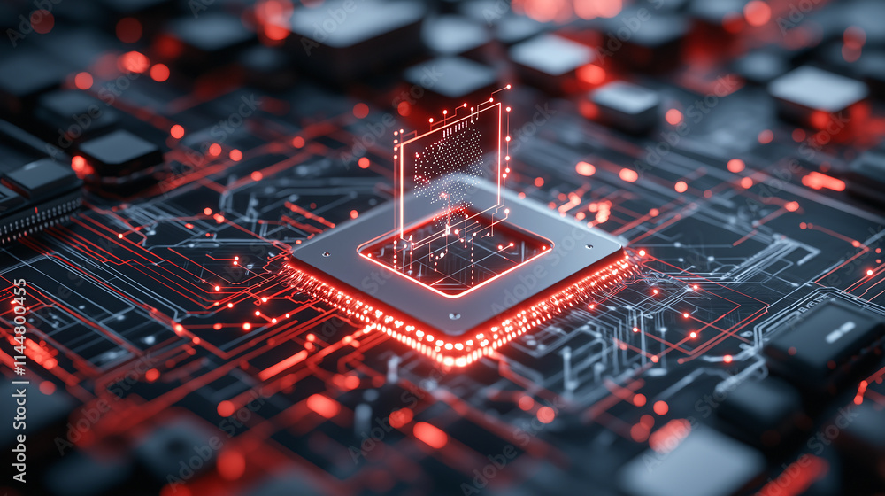 Poster network of interconnected devices with glowing microchip at center, showcasing intricate circuitry a